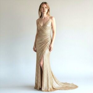 Gold Sequin Strapless Evening Gown Long Train Champagne Formal Prom Dress S